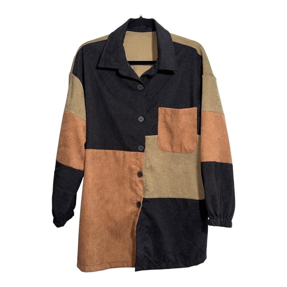 SHEIN Patchwork Shacket Elasticized Sleeves Large Oversized Lightweight